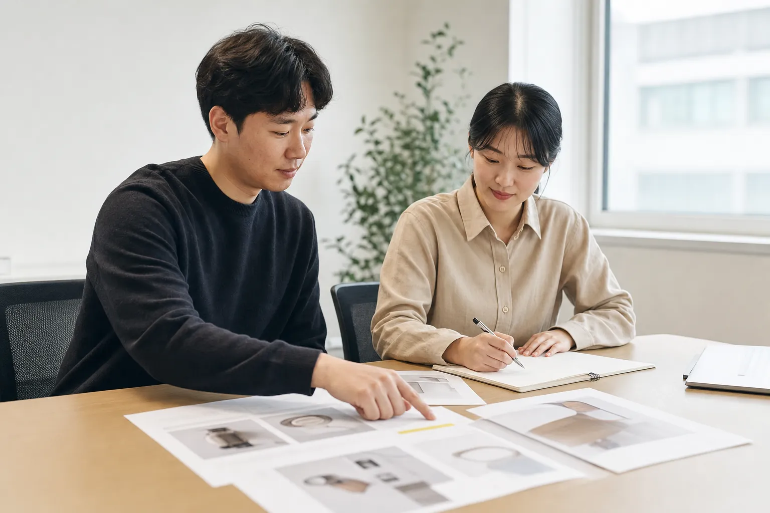 식품표시광고법 위반 사례, 병명 안 쓰면 된다는 착각 3 두 운영자가 상세페이지 체크리스트를 함께 검토하는 모습