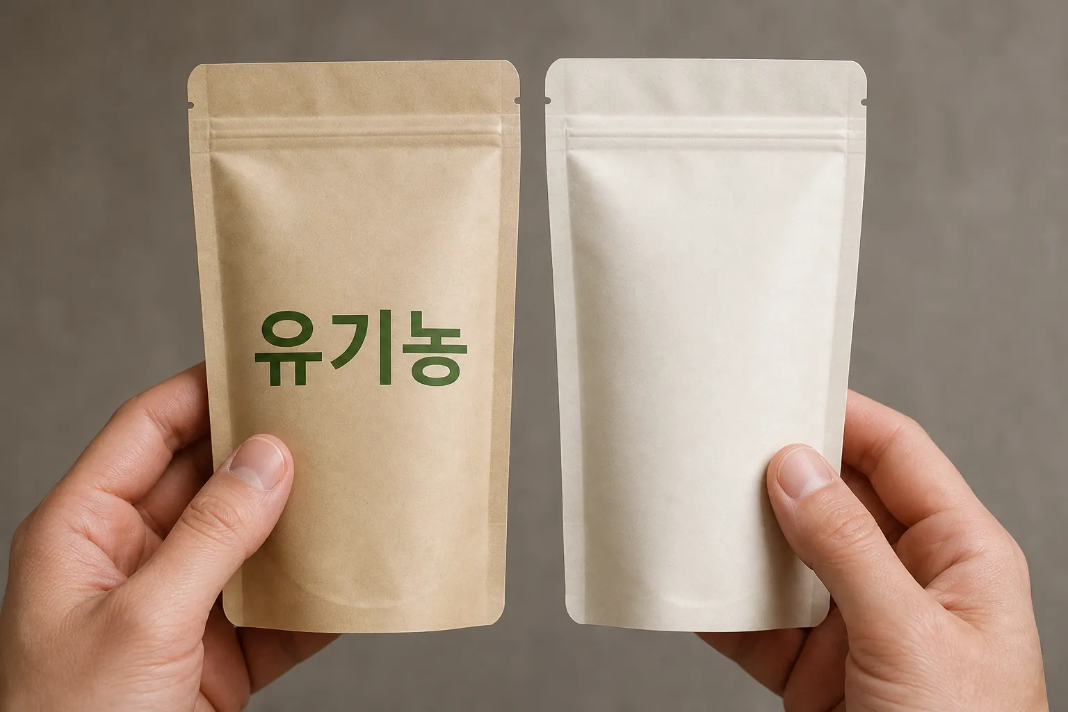 유기농 문구가 있는 패키지 시안과 없는 시안을 비교하는 손 클로즈업