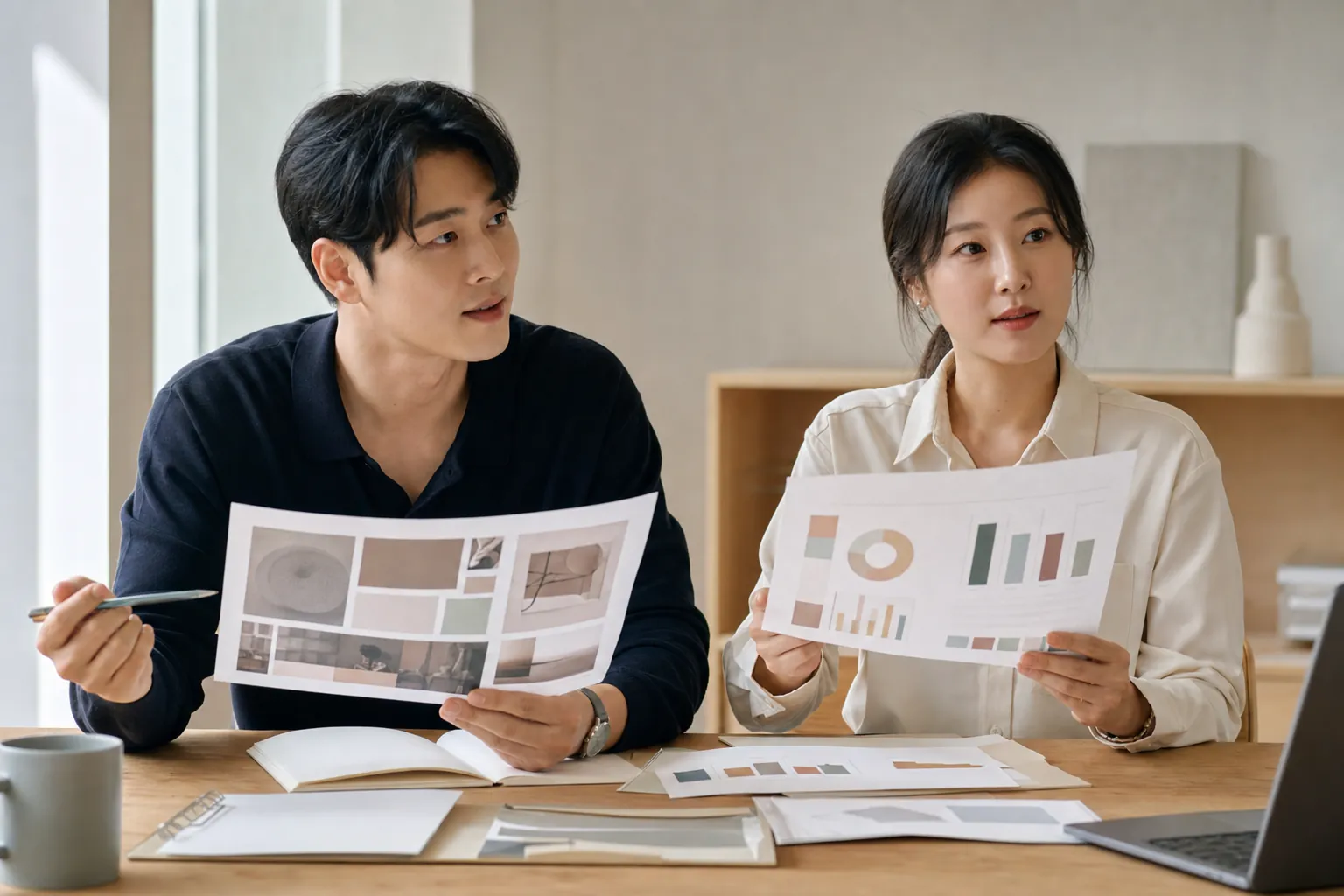 마케팅이란? 4P·4C부터 퍼널·시작 순서까지 총정리 4 브랜드 무드 시트와 퍼포먼스 리포트를 함께 놓고 균형을 논의하는 두 마케터