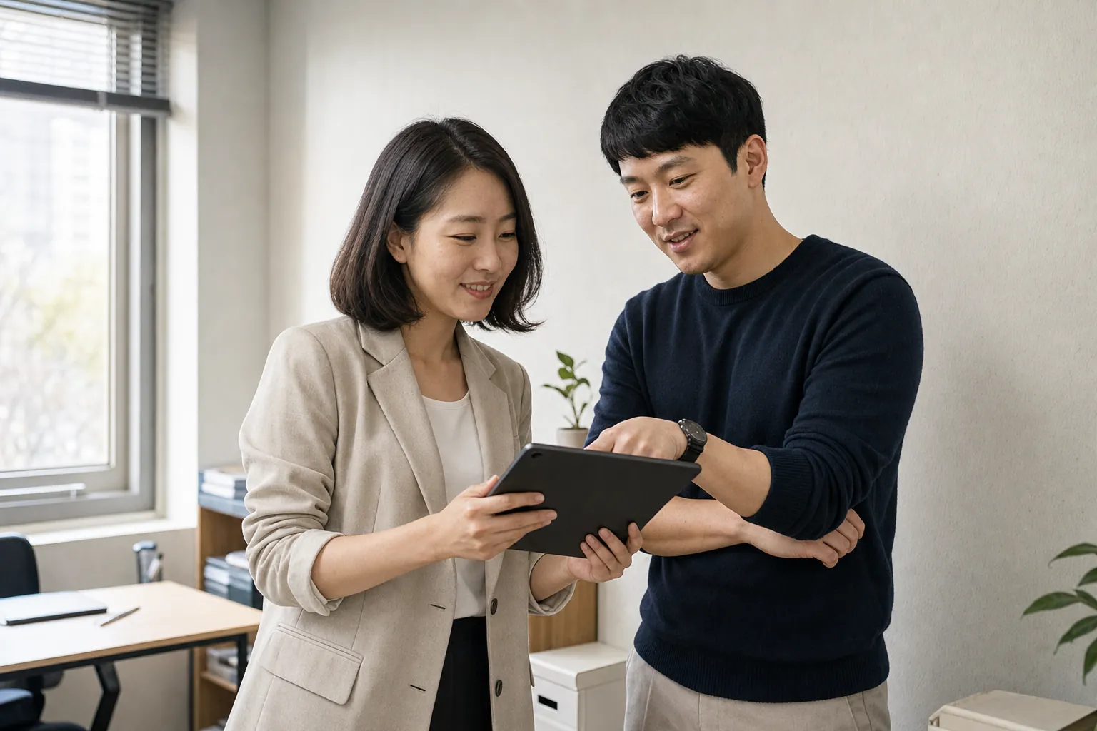 대표와 동료가 태블릿을 함께 보며 확신에 찬 모습