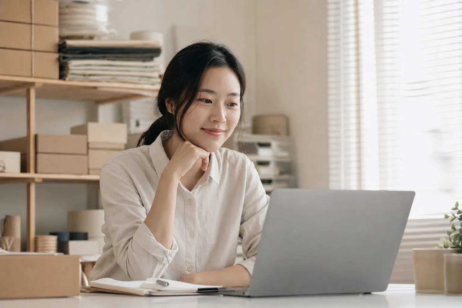스몰브랜드 SNS 콘텐츠 마케팅, 팔로워 없이 시작하기 5 대표가 노트북 화면을 보며 만족스러운 표정을 짓는 모습