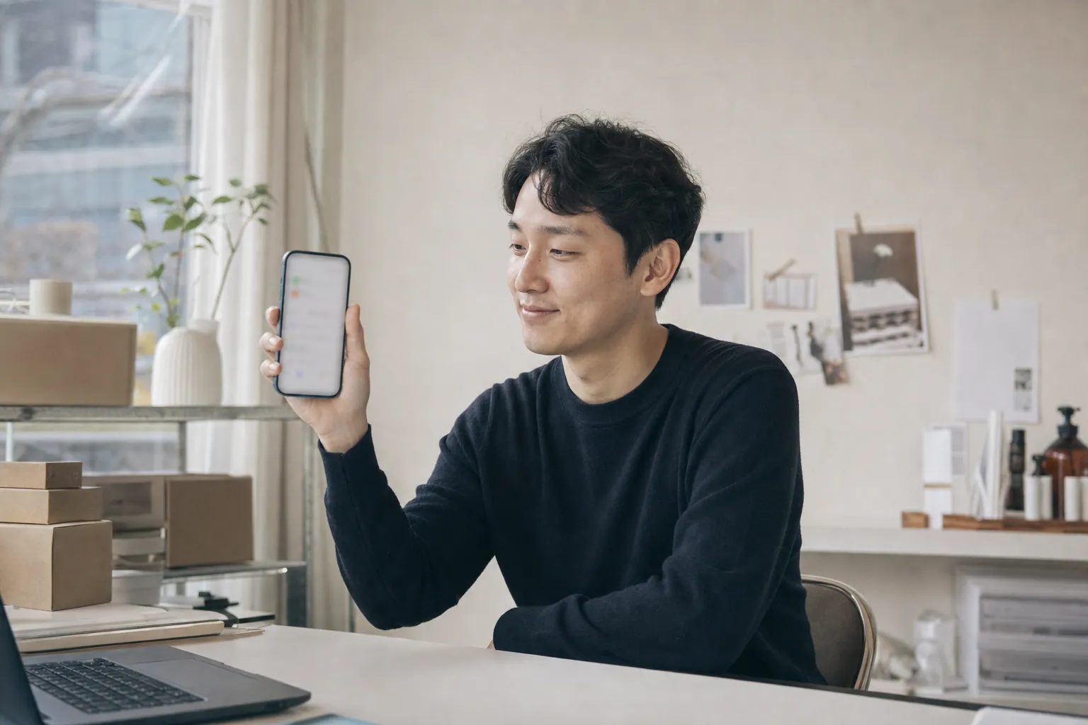 스몰브랜드 재구매율 높이는 법, 쿠폰보다 먼저 볼 것 5 대표가 스마트폰으로 재구매 알림을 확인하며 만족스러운 표정을 짓는 모습