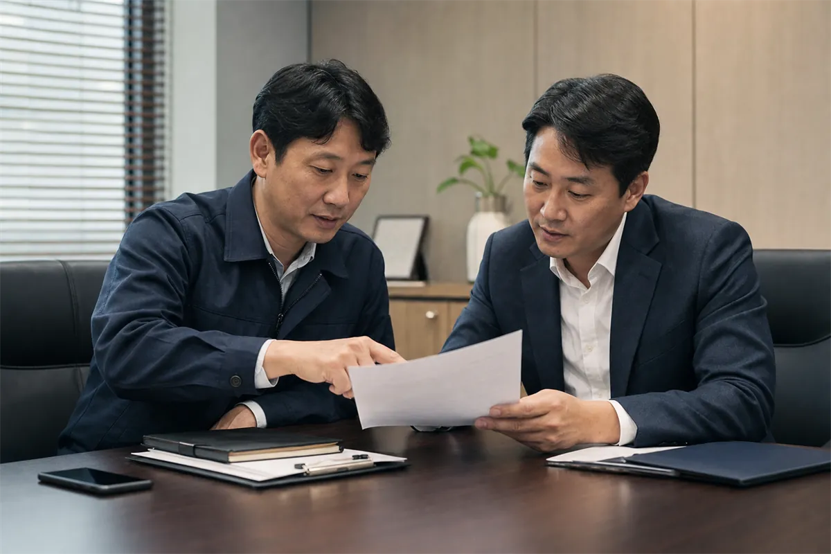 OEM 자사 브랜드 판매, 거래처와 부딪히지 않으려면 5 제조사 대표와 기존 거래처 담당자가 계약서를 함께 검토하는 미팅 모습
