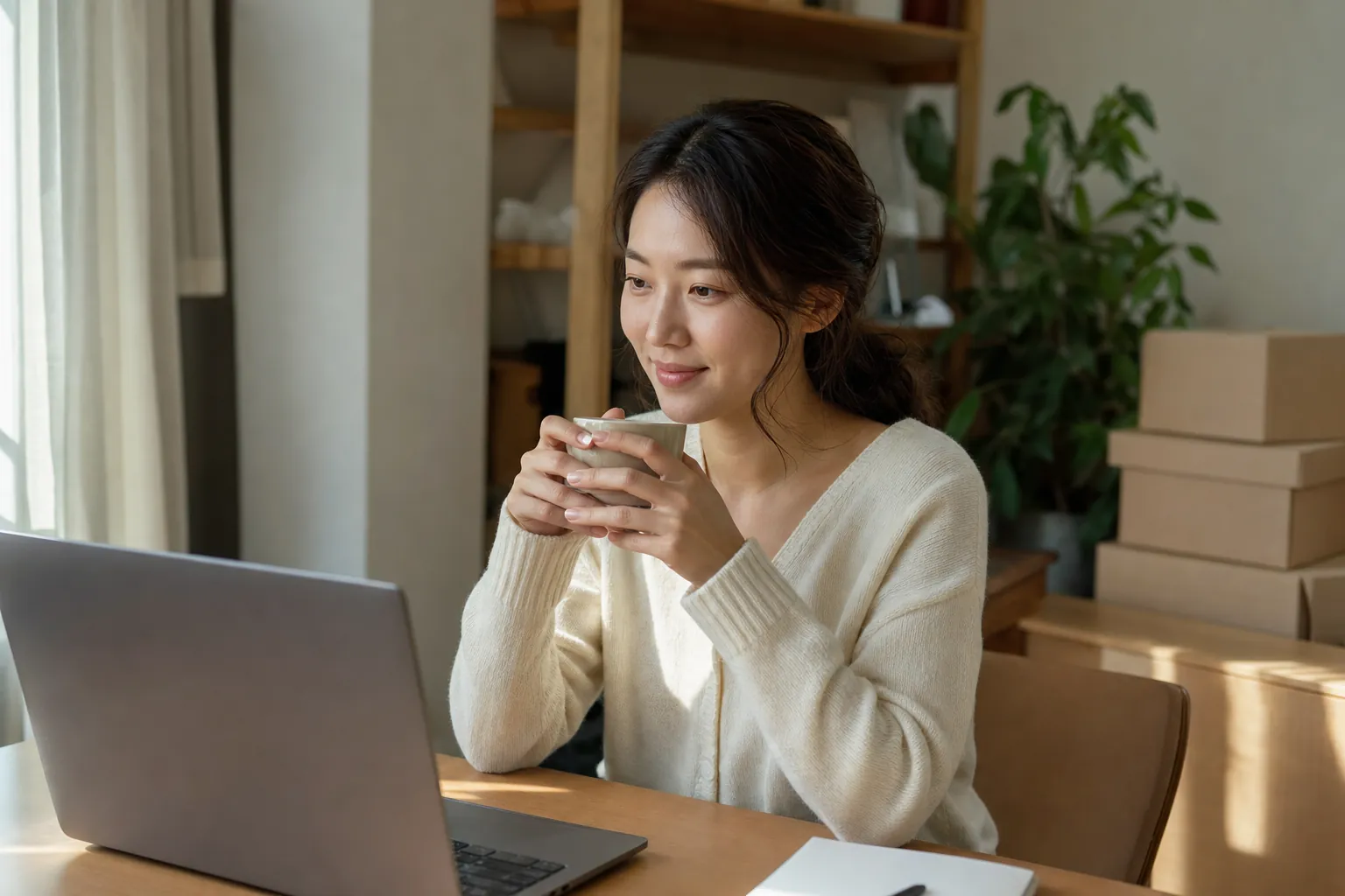 1인 브랜드 온라인 판매, 직접 할까 맡길까 — 진짜 질문은 경계선입니다 | OSC 6 같은 대표가 정돈된 작업실에서 커피잔을 들고 편안하게 웃는 모습