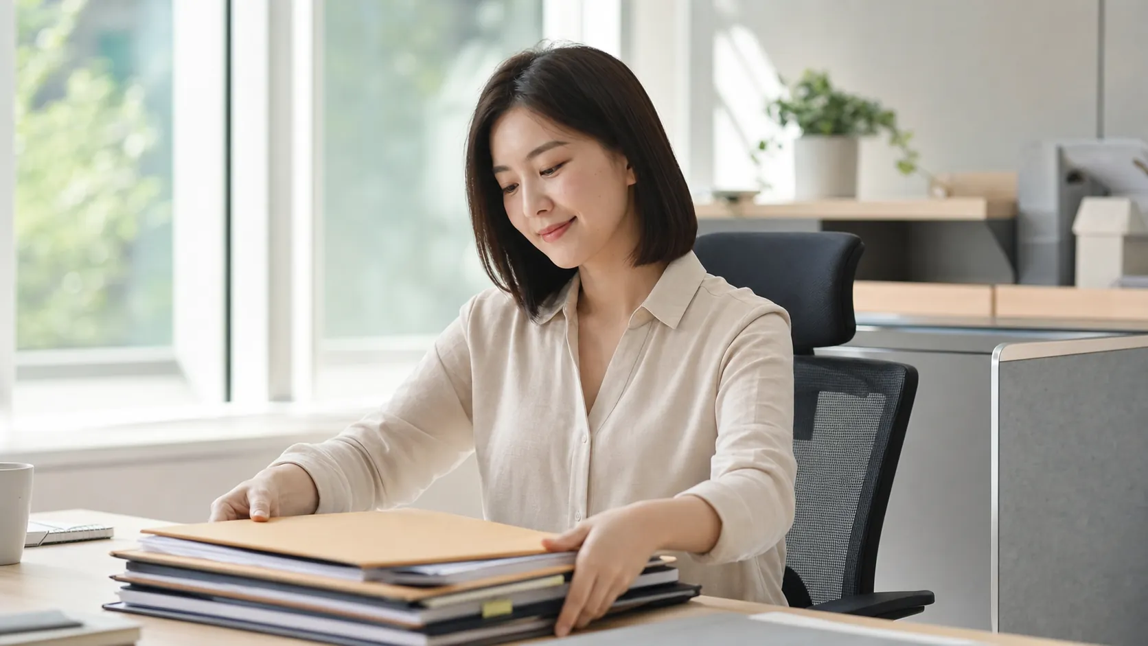 같은 담당자가 서류를 정리하고 만족스러운 표정을 짓는 모습