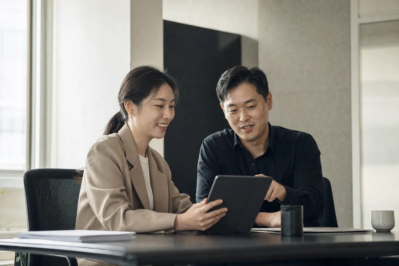 브랜드 검색량 늘리는 법, 채널 늘리기 전에 볼 것 5 같은 대표와 동료가 태블릿을 함께 보며 만족스러워하는 모습