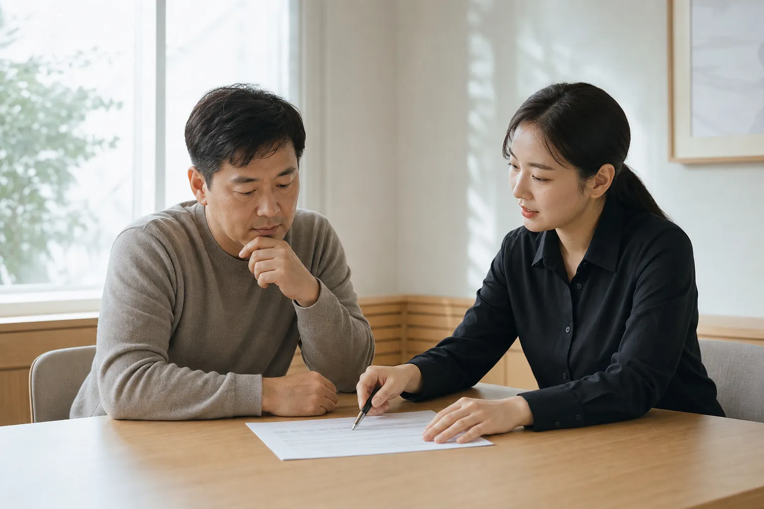 회의 테이블에서 계정과 키워드 계획서를 함께 검토하는 사업주와 검색광고 전문가