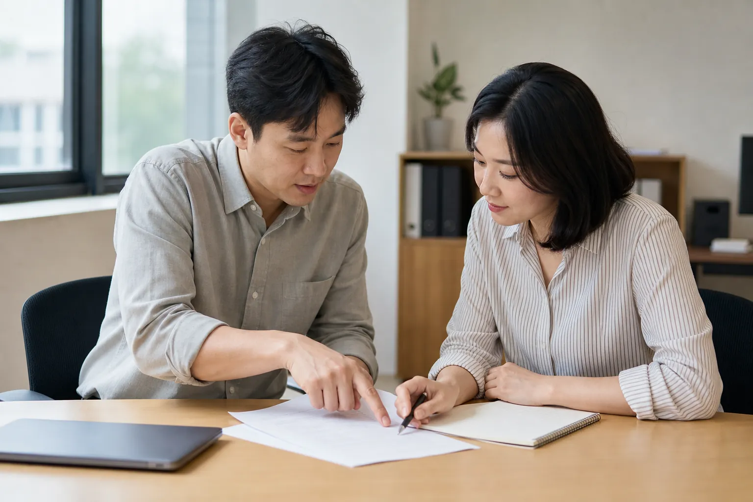 두 운영자가 계약서와 체크리스트를 함께 검토하며 파트너 기준을 논의하는 모습
