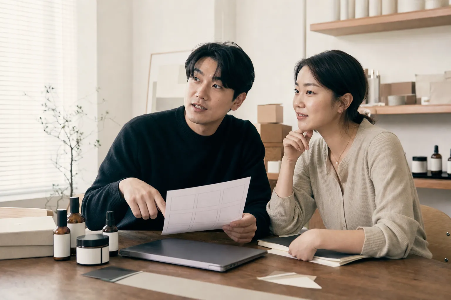 스몰 브랜드 마케팅 방법, 판매가 아니라 브랜드 성장부터 설계하는 법 6 두 명의 브랜드 운영 파트너가 체크리스트와 제품 샘플을 함께 보며 논의하는 모습