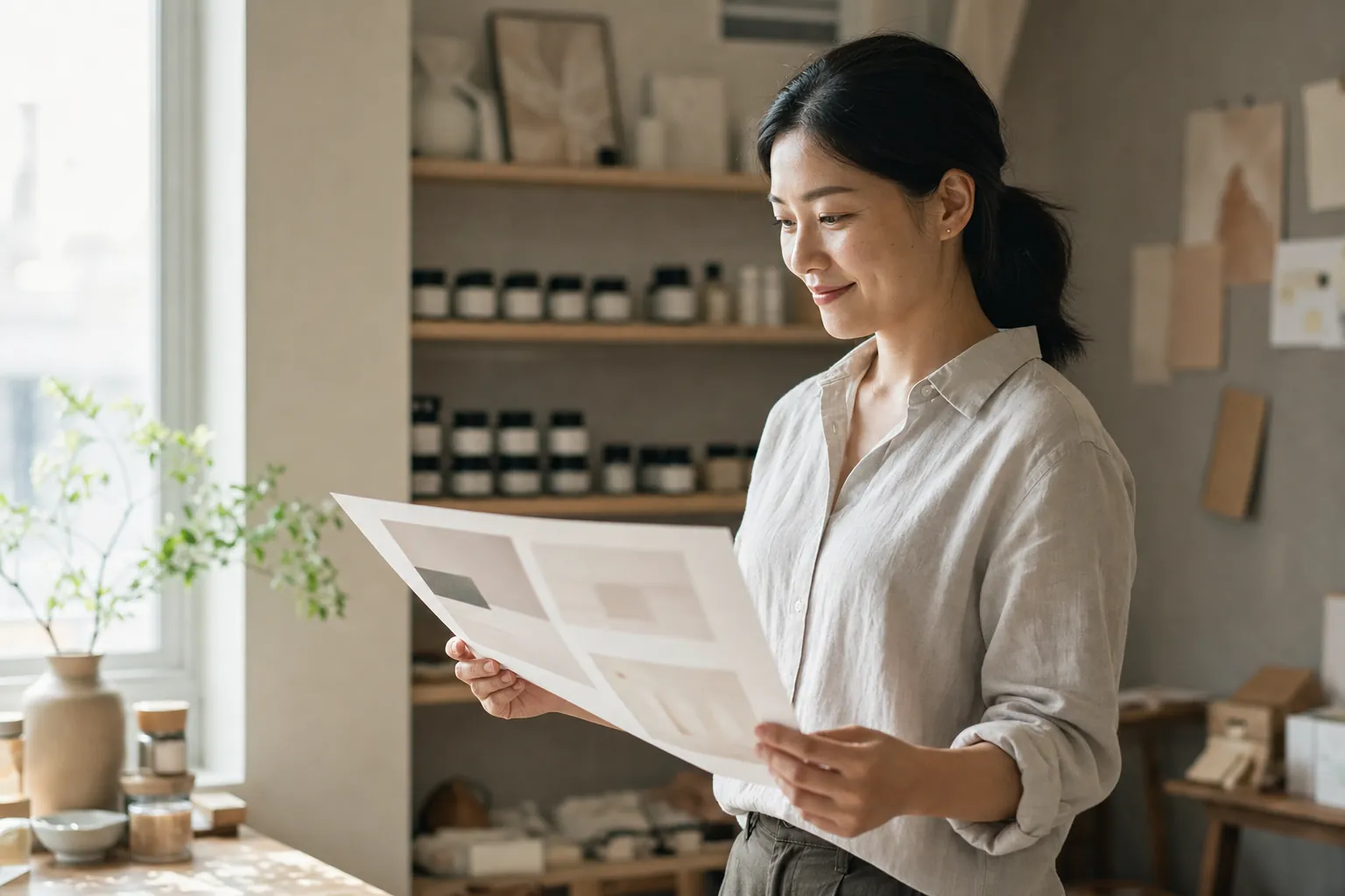 스몰 브랜드 대표가 상품 선반 옆에서 인쇄된 상세페이지 시안을 살펴보며 만족스러운 표정을 짓는 모습