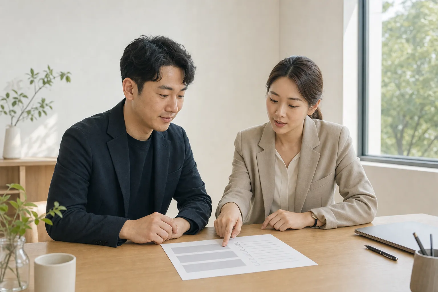 블로그 광고 완전 정리: 유형·운영법·표시 규제까지 5 회의 테이블에서 콘텐츠와 광고 표시 계획서를 함께 검토하는 브랜드 담당자와 마케팅 자문
