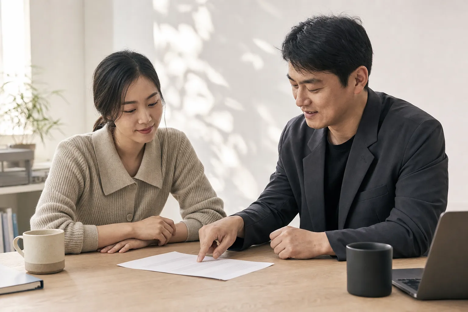 마케팅이란? 4P·4C부터 퍼널·시작 순서까지 총정리 5 회의 테이블에서 마케팅 시작 계획서를 함께 검토하는 창업자와 마케팅 자문