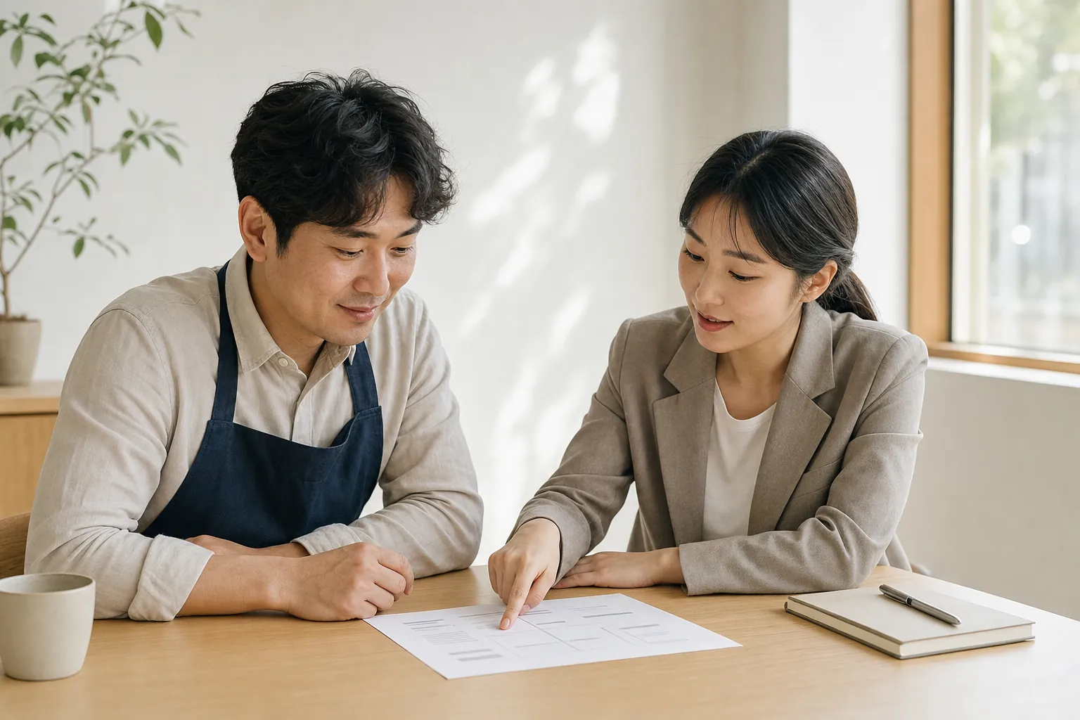 회의 테이블에서 채널 계획서를 함께 검토하는 사업주와 마케팅 자문