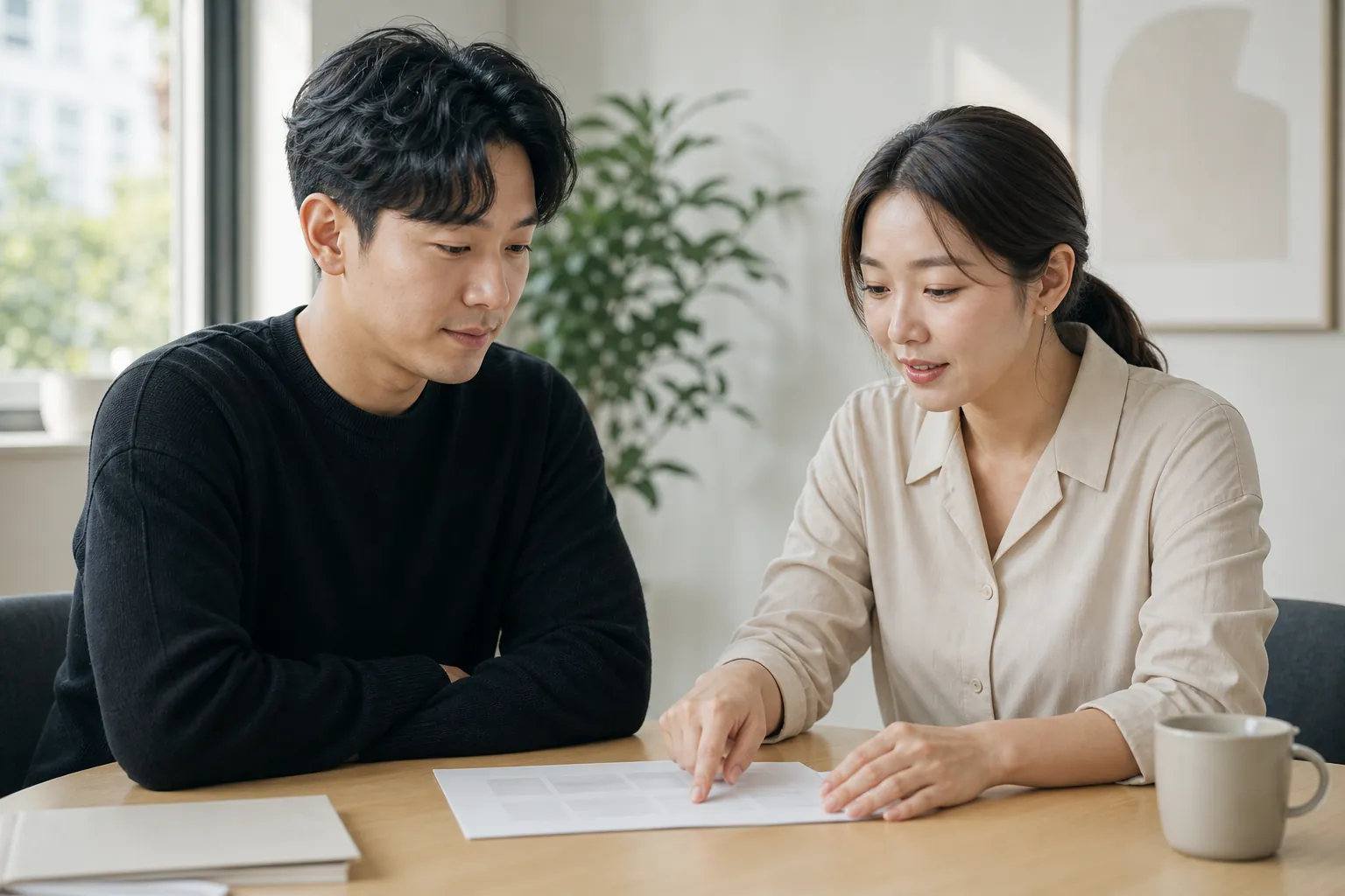 블로그 마케팅 완전 정리: C-Rank·D.I.A+ 상위노출과 전환 5 회의 테이블에서 블로그 콘텐츠와 전환 계획서를 함께 검토하는 브랜드 담당자와 콘텐츠 자문