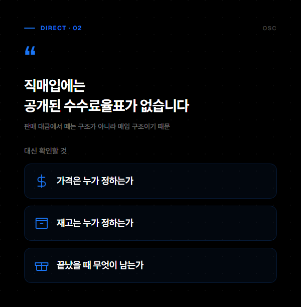 직매입에 공개된 수수료율표가 없다는 점과 대신 확인할 세 가지를 정리한 도표