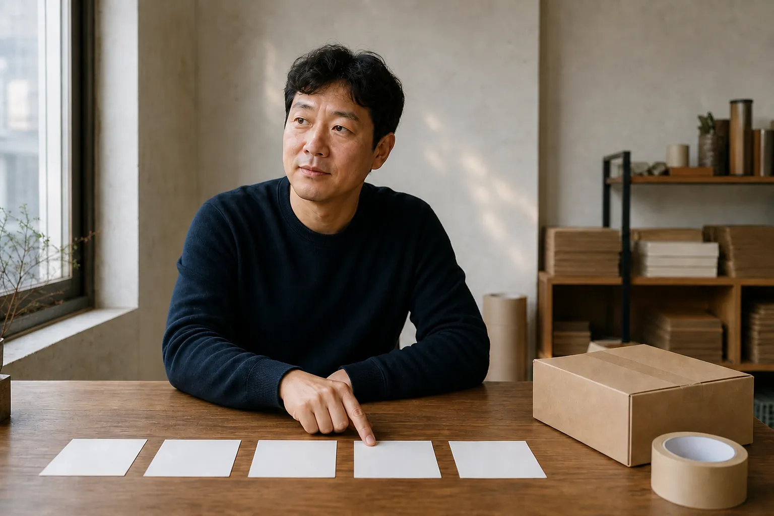 사업자가 책상에 카드 다섯 장을 순서대로 늘어놓고 네 번째를 짚어 보는 모습