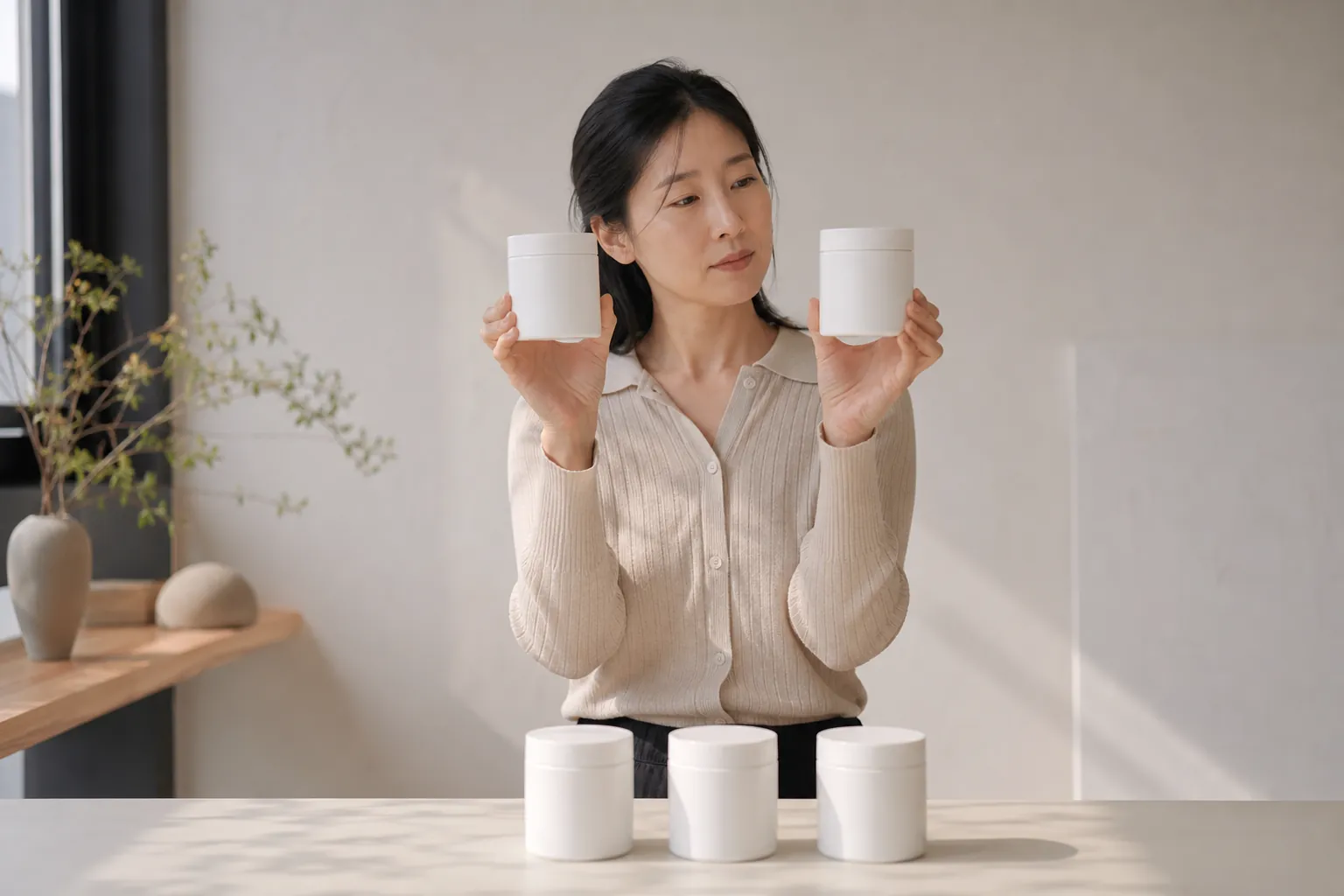 브랜드 대표가 똑같이 생긴 무지 용기 두 개를 나란히 들고 차이를 살펴보는 모습