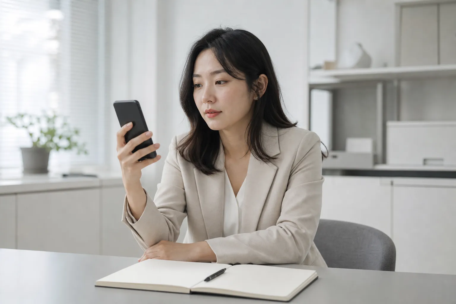 인스타 광고 벤치마킹, 저장할 것은 반박입니다 1 마케팅 담당자가 휴대폰을 들고 화면을 넘겨 보며 옆에 펼친 수첩과 함께 검토하는 모습