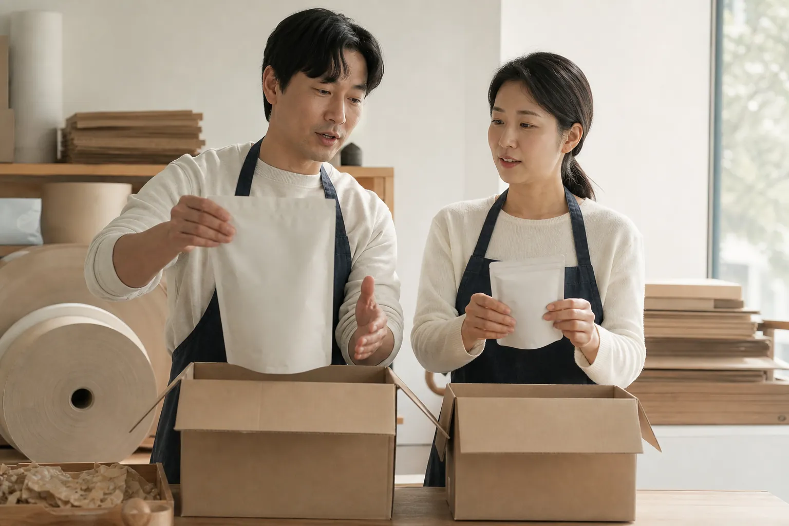 운영자 두 사람이 서로 다른 용량의 제품과 배송 상자를 맞춰 보며 대안을 논의하는 모습