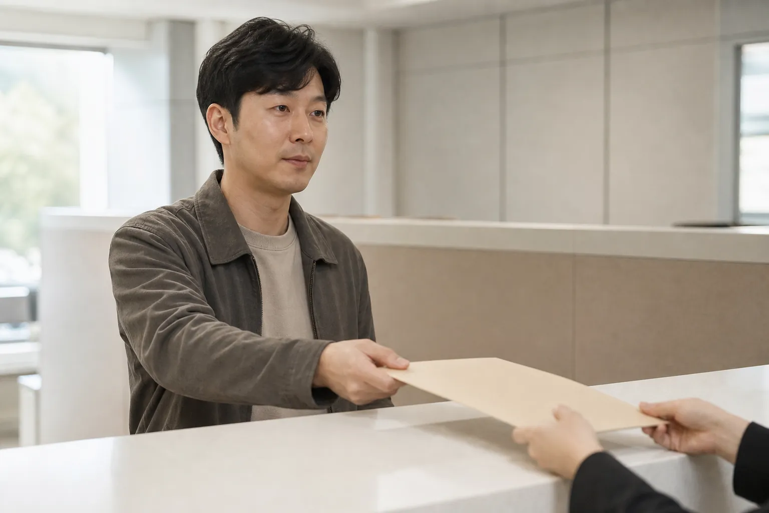 사업자가 관공서 창구에서 서류철을 접수 담당자에게 건네는 모습