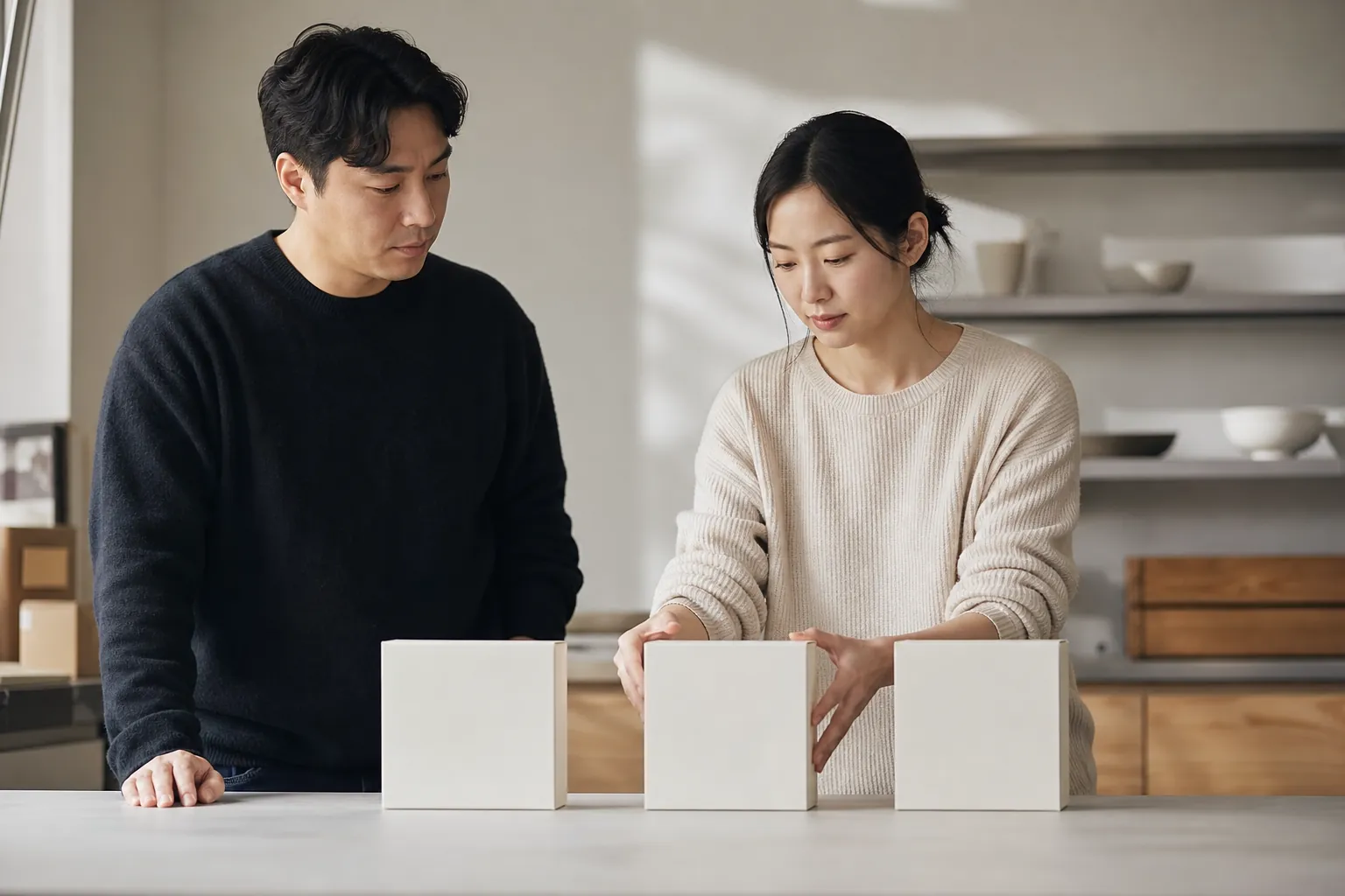 쿠팡 상품 노출 안될 때, 위에서부터 좁혀 갑니다 5 운영자 두 사람이 같은 규격의 상품 상자 세 개를 나란히 놓고 비교하는 모습