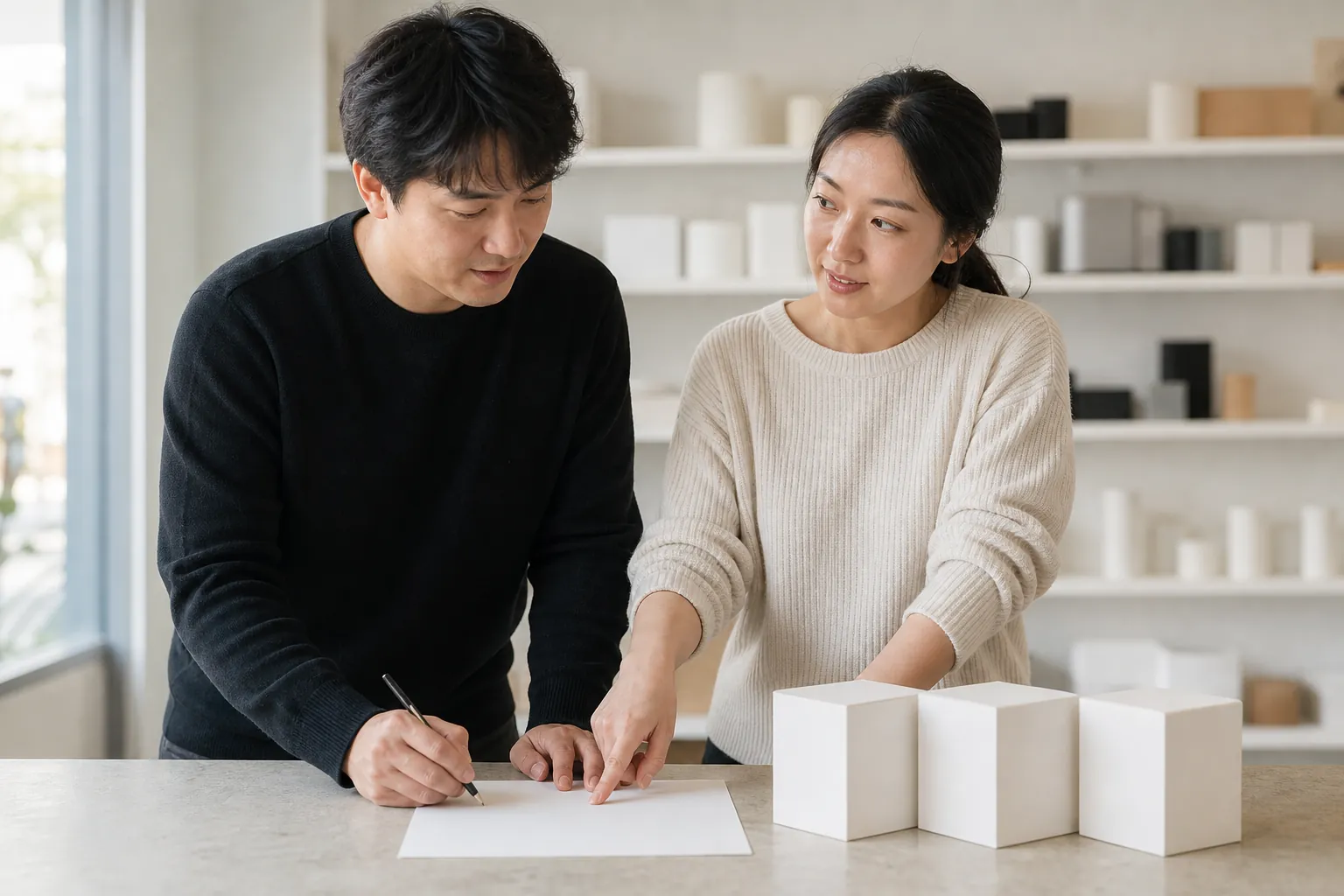 네이버 쿠팡 자사몰 비교, 고르지 말고 나누세요 6 운영자 두 사람이 종이에 적어 가며 상품 상자 세 개를 놓고 논의하는 모습