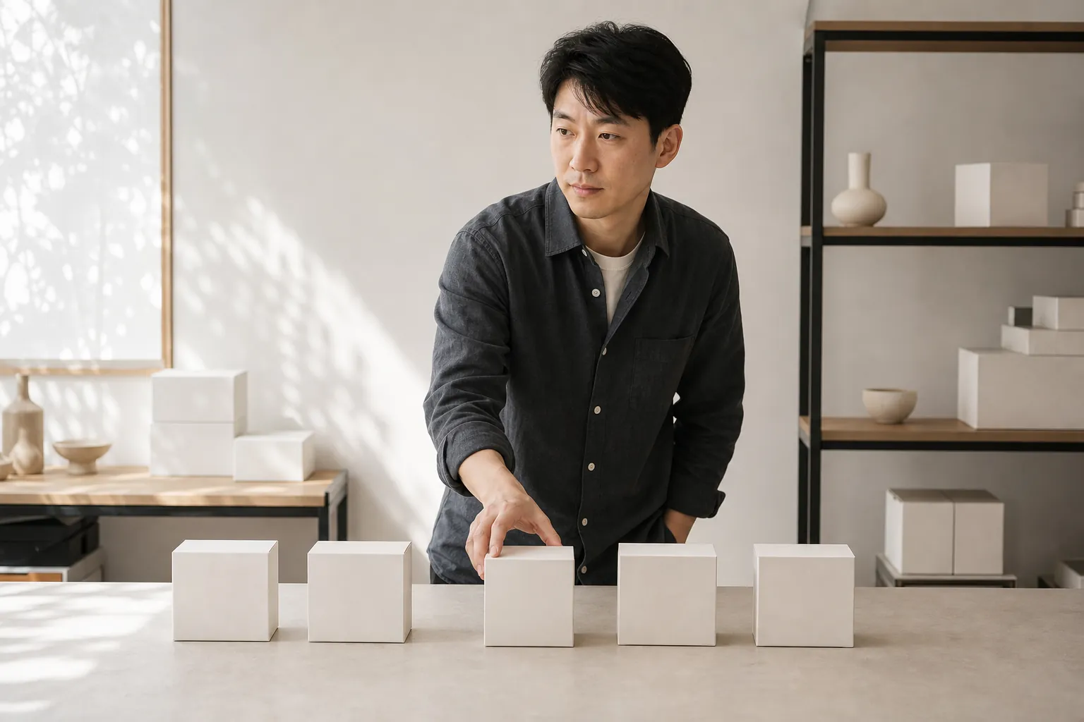 쿠팡 썸네일 최적화, 예쁜 것보다 읽히는 것 6 브랜드 담당자가 늘어놓은 상품 상자 줄 가운데에 하나를 끼워 넣고 전체를 살펴보는 모습