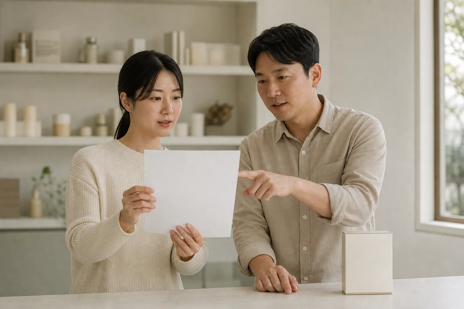 담당자 두 사람이 출력물 한 장을 함께 보며 상단의 한 줄을 짚어 논의하는 모습