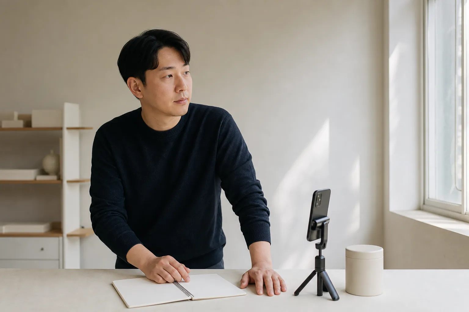 스몰브랜드 유튜브 마케팅, 구독자 말고 검색을 5 삼각대에 올린 휴대폰과 제품을 옆에 두고 종이 계획표를 검토하는 모습