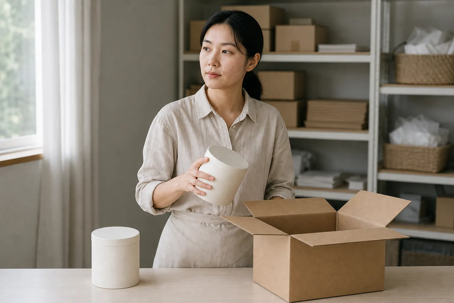 같은 상품 두 개를 한 상자에 담을지 확인하며 하나를 손에 든 모습