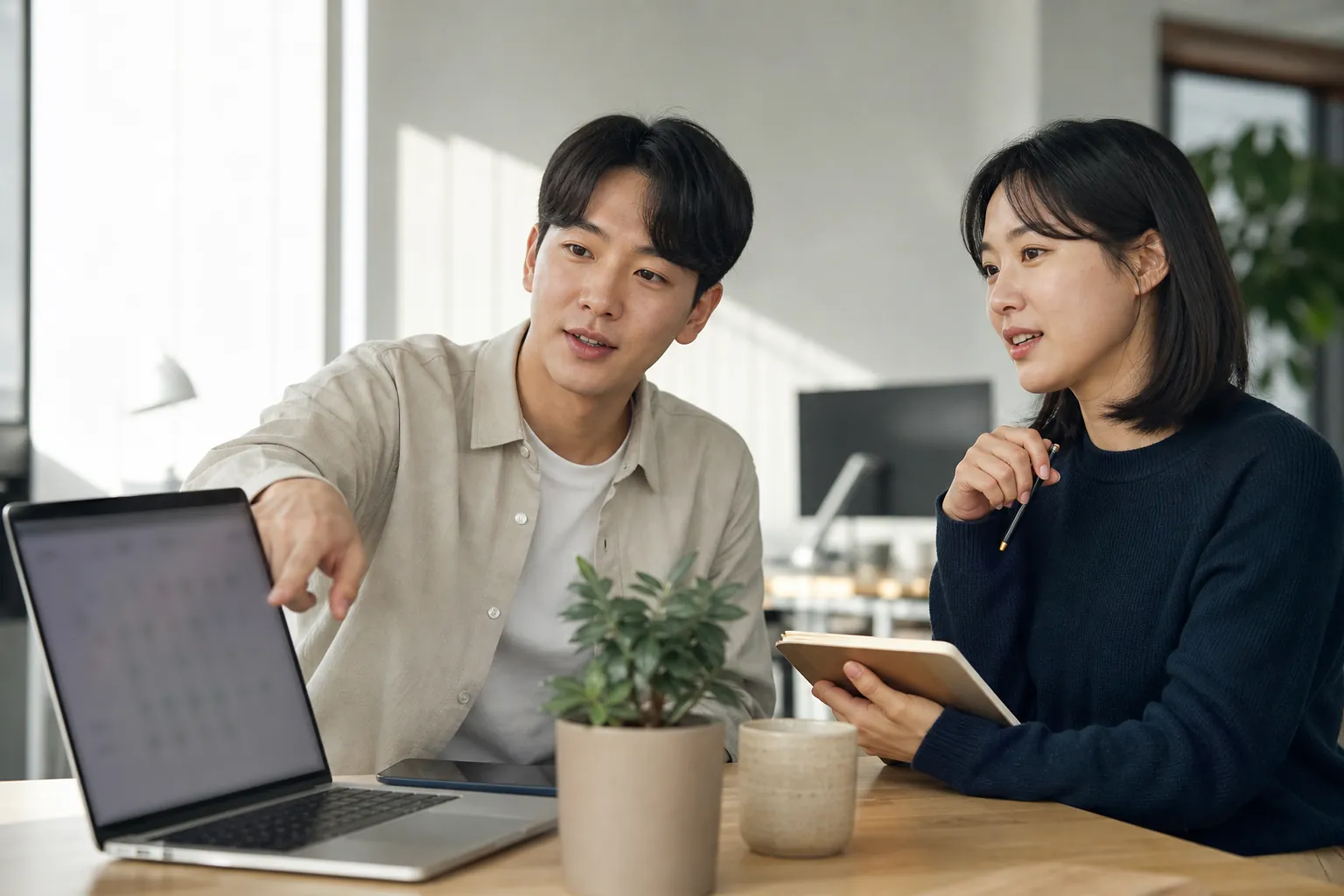 블로그 운영 방식을 함께 논의하는 두 운영자