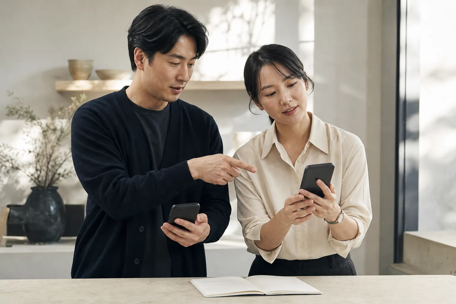 인스타 광고 벤치마킹, 저장할 것은 반박입니다 5 담당자 두 사람이 각자 휴대폰을 들고 화면을 비교하며 논의하는 모습