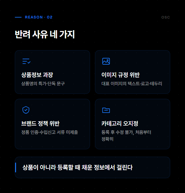 쿠팡 상품 승인 반려 해결, 짐작 말고 등록 전 점검 2 쿠팡 상품 승인 반려 사유 네 가지: 상품정보 과장, 이미지 규정 위반, 브랜드 정책 위반, 카테고리 오지정