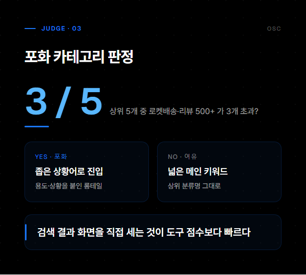 쿠팡 키워드 찾는 법, 검색창부터 리뷰까지 3 카테고리 포화도 판단: 상위 5개 중 로켓배송·리뷰500+ 3개 이상이면 좁은 상황어, 아니면 넓은 키워드