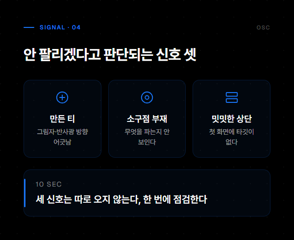 AI 상품 사진 만들기, 빠른 것보다 티 안 나는 것 4 안 팔리겠다고 판단되는 상세페이지 신호 셋: 만든 티, 소구점 부재, 밋밋한 상단