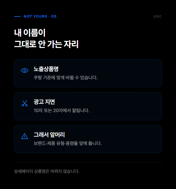 쿠팡 상품명 작성법, 키워드를 몰아넣지 마세요 4 노출상품명이 쿠팡 기준으로 바뀔 수 있고 광고 지면에서는 10자나 20자에서 잘리므로 앞머리에 핵심 정보를 둔다는 것을 정리한 도식