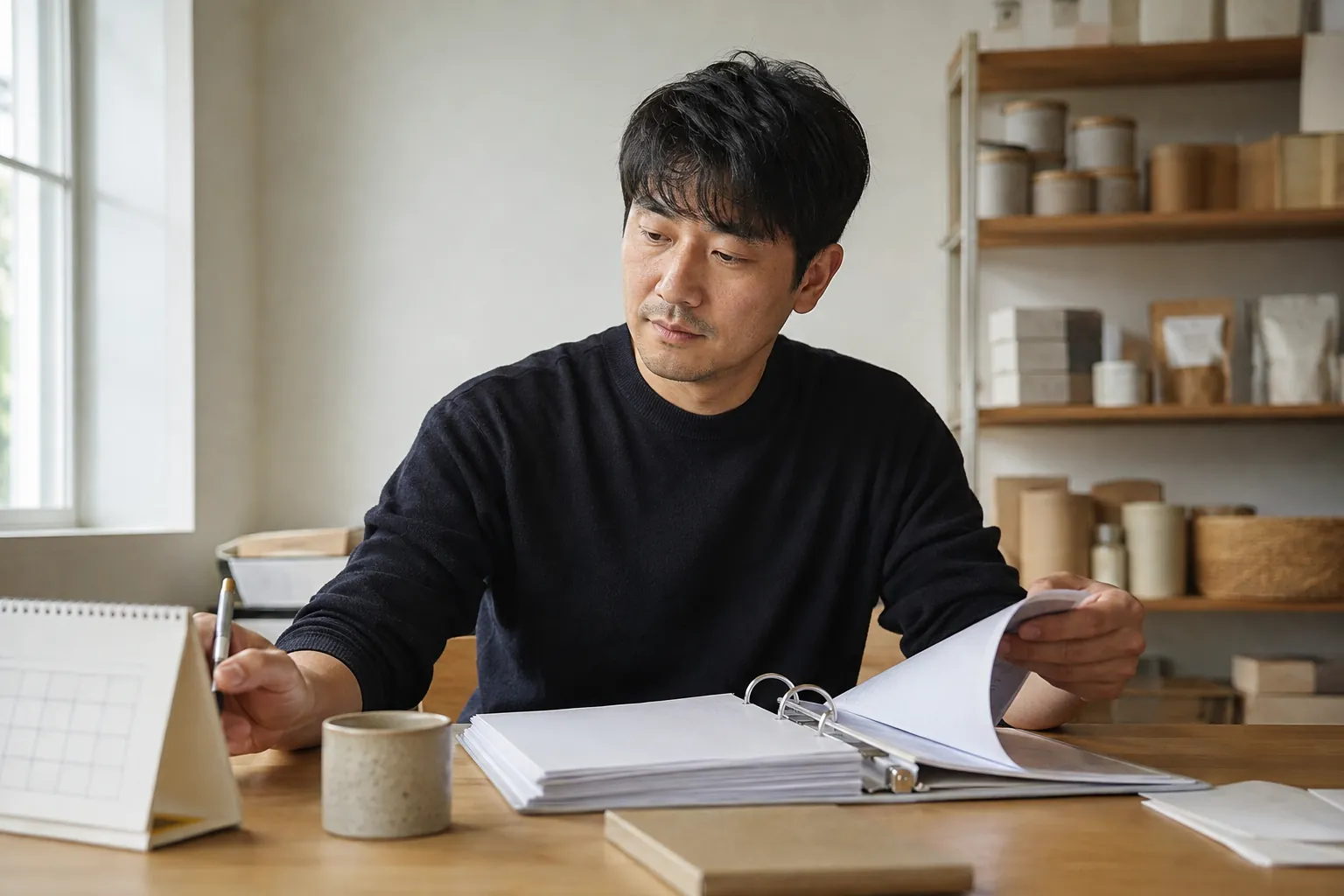 브랜드 대표가 월간 대행 리포트를 넘겨 보며 탁상 달력에 점검 시점을 표시하는 모습