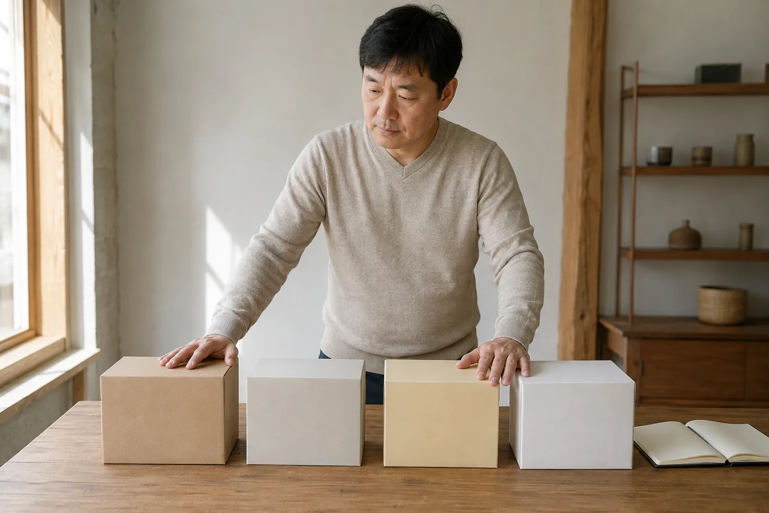 서로 다른 상자 네 개를 앞에 두고 하나씩 살펴보며 비교하는 모습