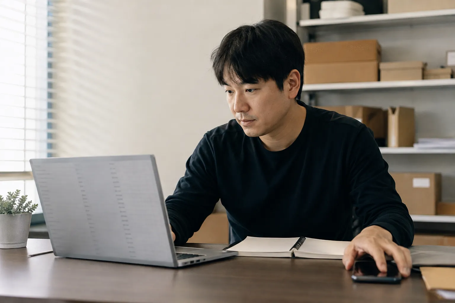 쿠팡 검색순위 확인, 검색창 말고 볼 곳이 있습니다 2 휴대폰을 옆으로 밀어 두고 노트북의 판매관리 화면에서 상품 목록을 확인하는 모습