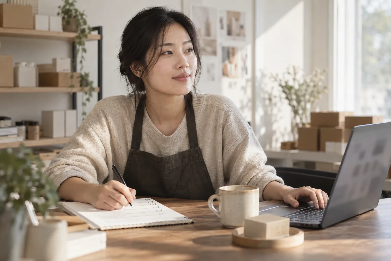 스몰브랜드 고객 데이터 분석, 모으기보다 보는 습관 2 스몰브랜드 대표가 아침 사무실에서 노트북 옆 종이 체크리스트에 그날 볼 항목을 표시하며 판매 현황을 차분히 점검하는 장면