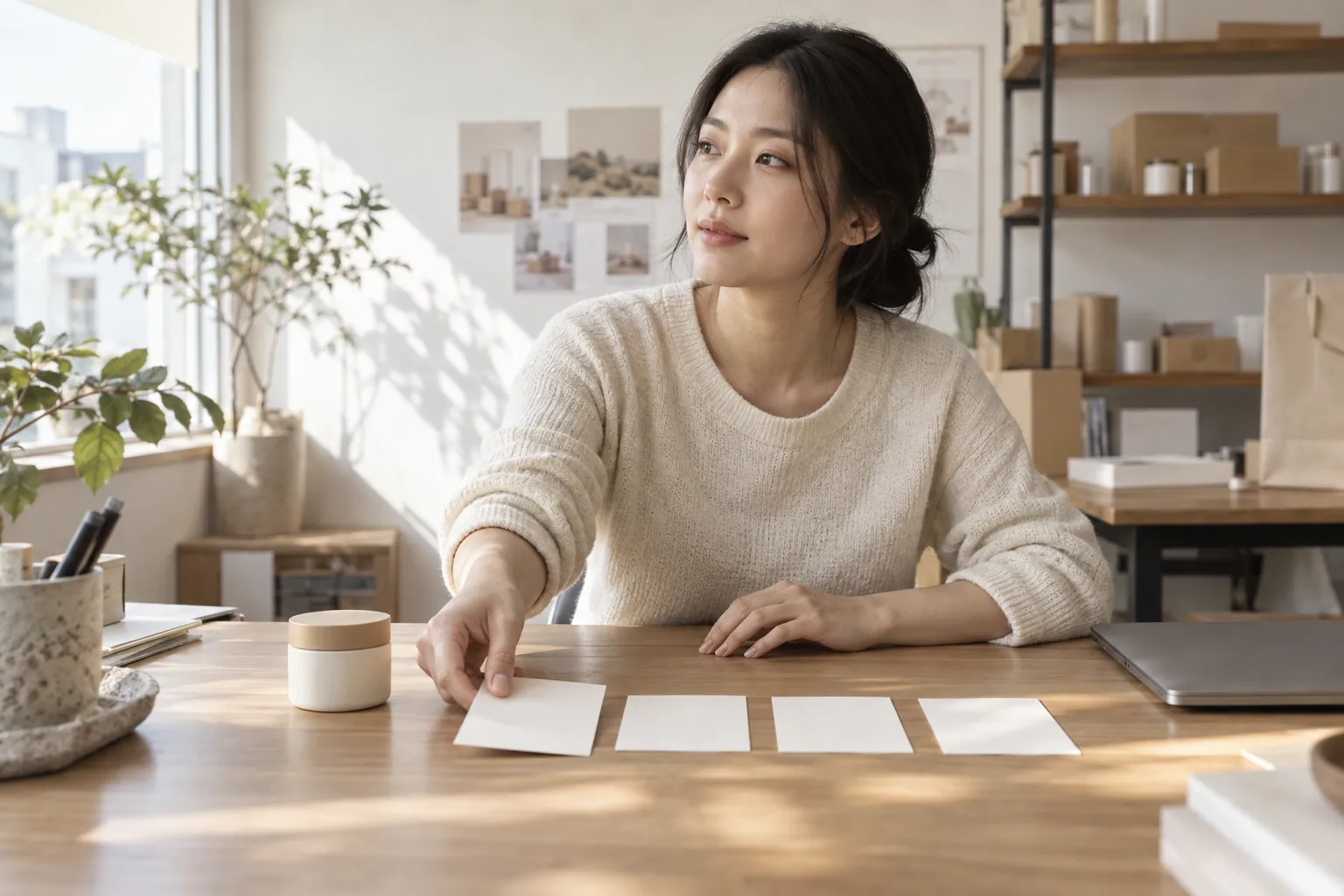 스몰브랜드 대표가 밝은 사무실에서 제품 샘플 옆에 종이 카드 네 장을 순서대로 늘어놓고 어디부터 열지 정하는 장면