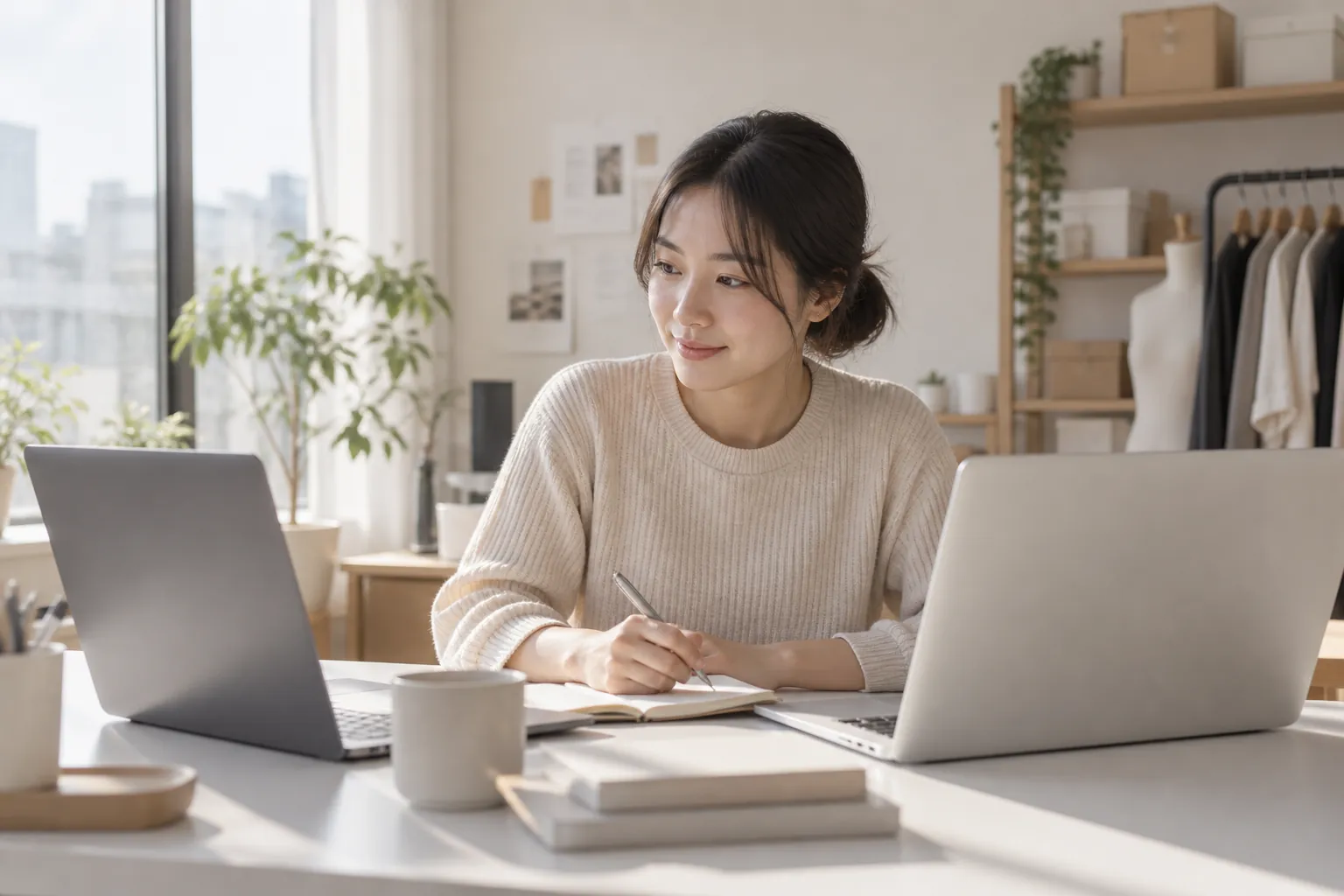 스몰브랜드 대표가 밝은 사무실 책상에서 노트북 화면 두 개를 나란히 놓고 블로그 지표를 비교하는 장면