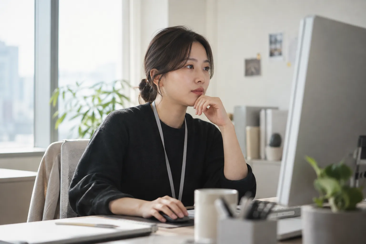 커머스 담당자가 모니터 화면 속 상세페이지를 빠르게 훑어보며 검토하는 장면