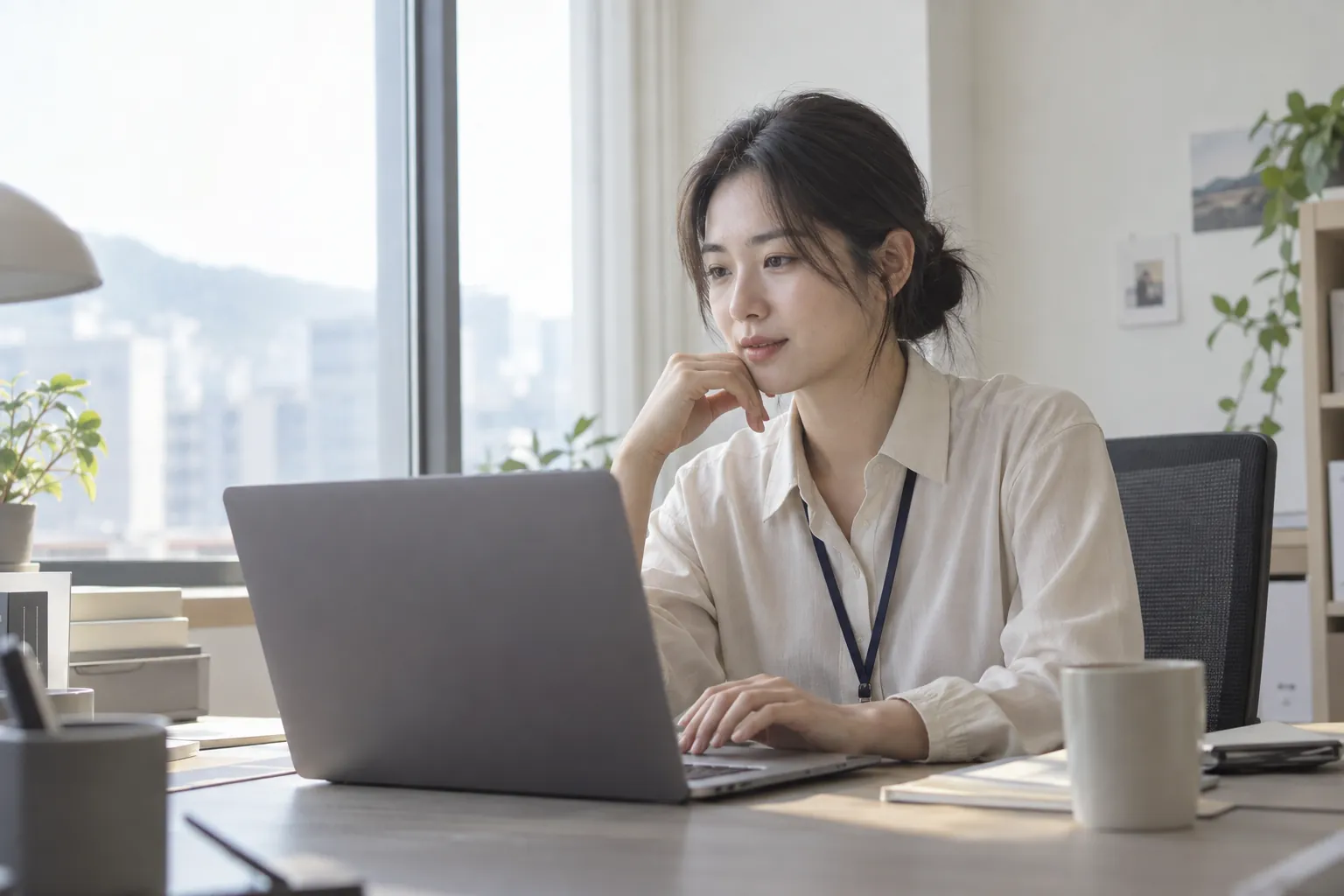 마케팅 담당자가 사무실 책상에서 노트북으로 블로그 지수 조회 화면을 확인하는 장면