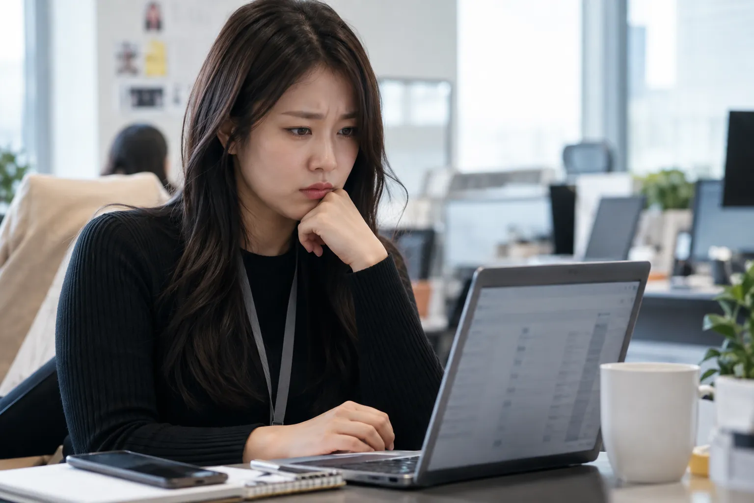 고객 문의 목록을 살펴보는 마케팅 담당자