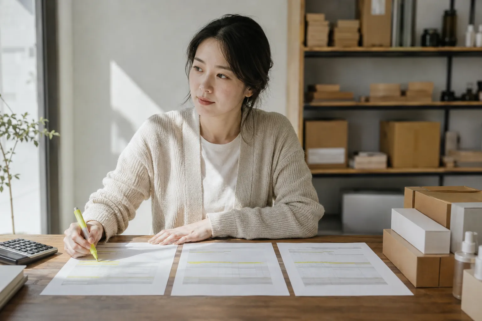 스몰 브랜드 대표가 마케팅 대행사 세 곳의 견적서를 책상에 나란히 펼쳐 놓고 항목별로 표시하며 비교하는 모습