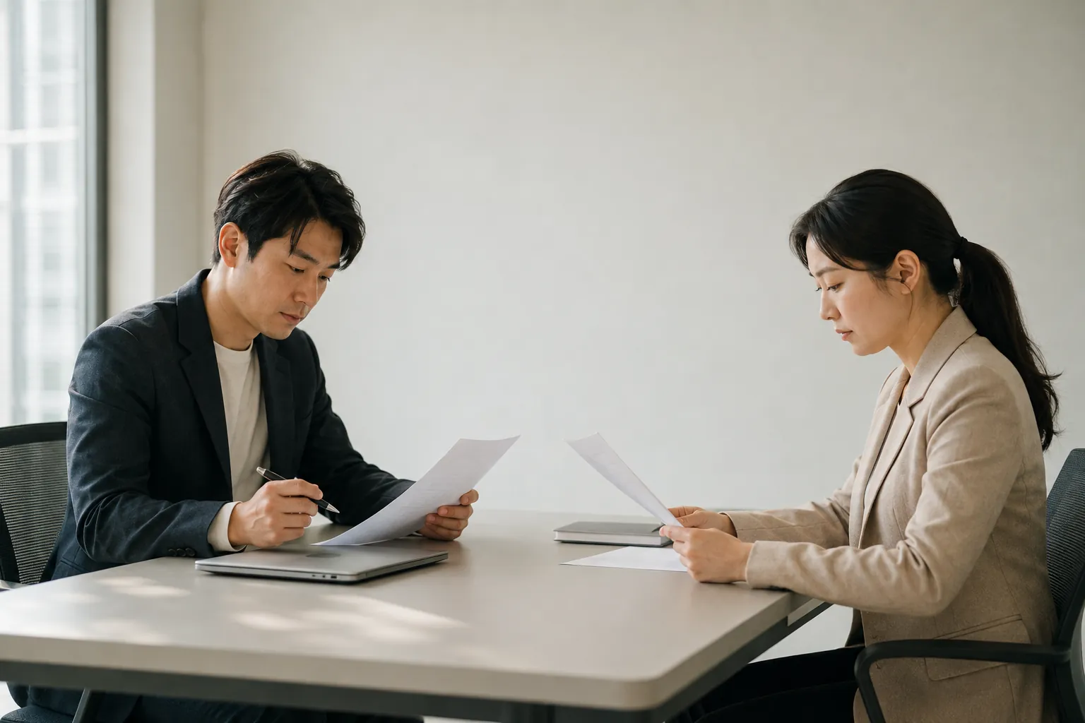 작은 회의 테이블을 사이에 두고 두 사람이 각자 앞의 서류를 살펴보는 모습
