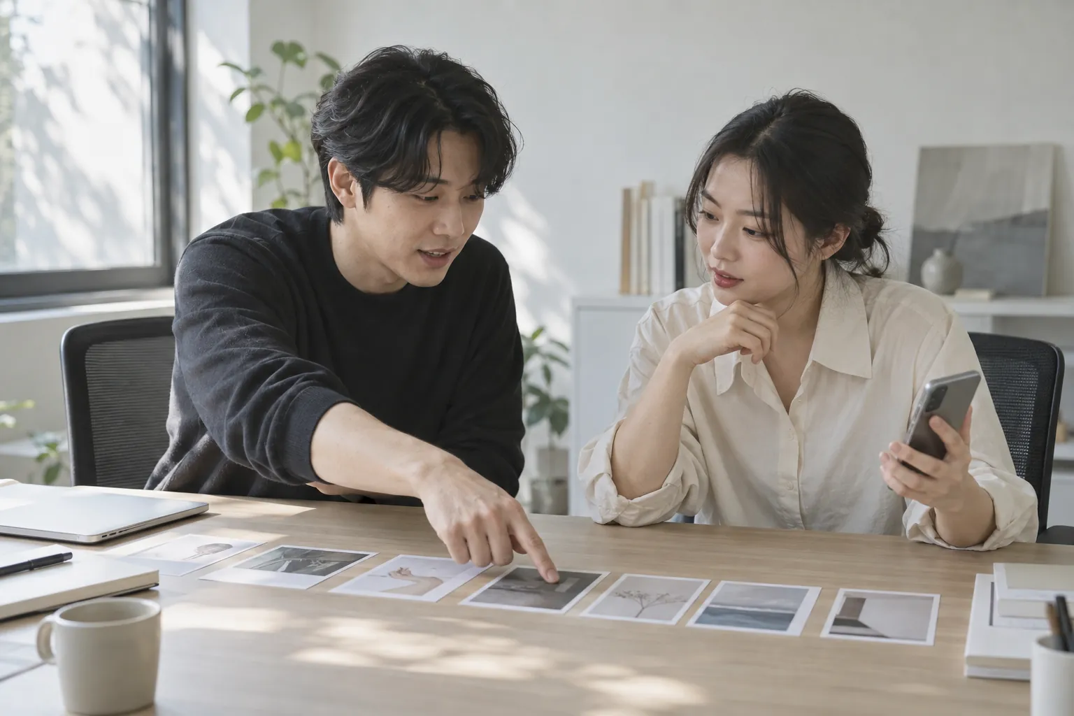두 명의 운영자가 책상에 여러 장의 콘텐츠 기획 카드를 순서대로 늘어놓고 다음 편을 논의하는 사무실 장면