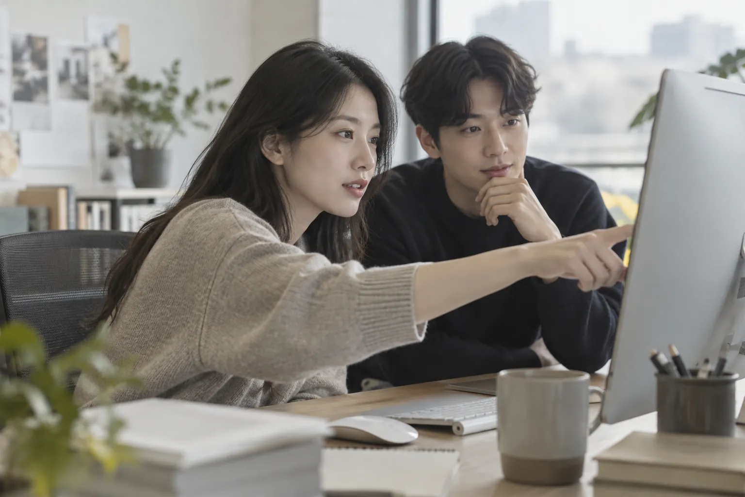 담당자가 모니터 속 검색 결과 화면을 손가락으로 짚으며 지면 구조를 확인하는 장면