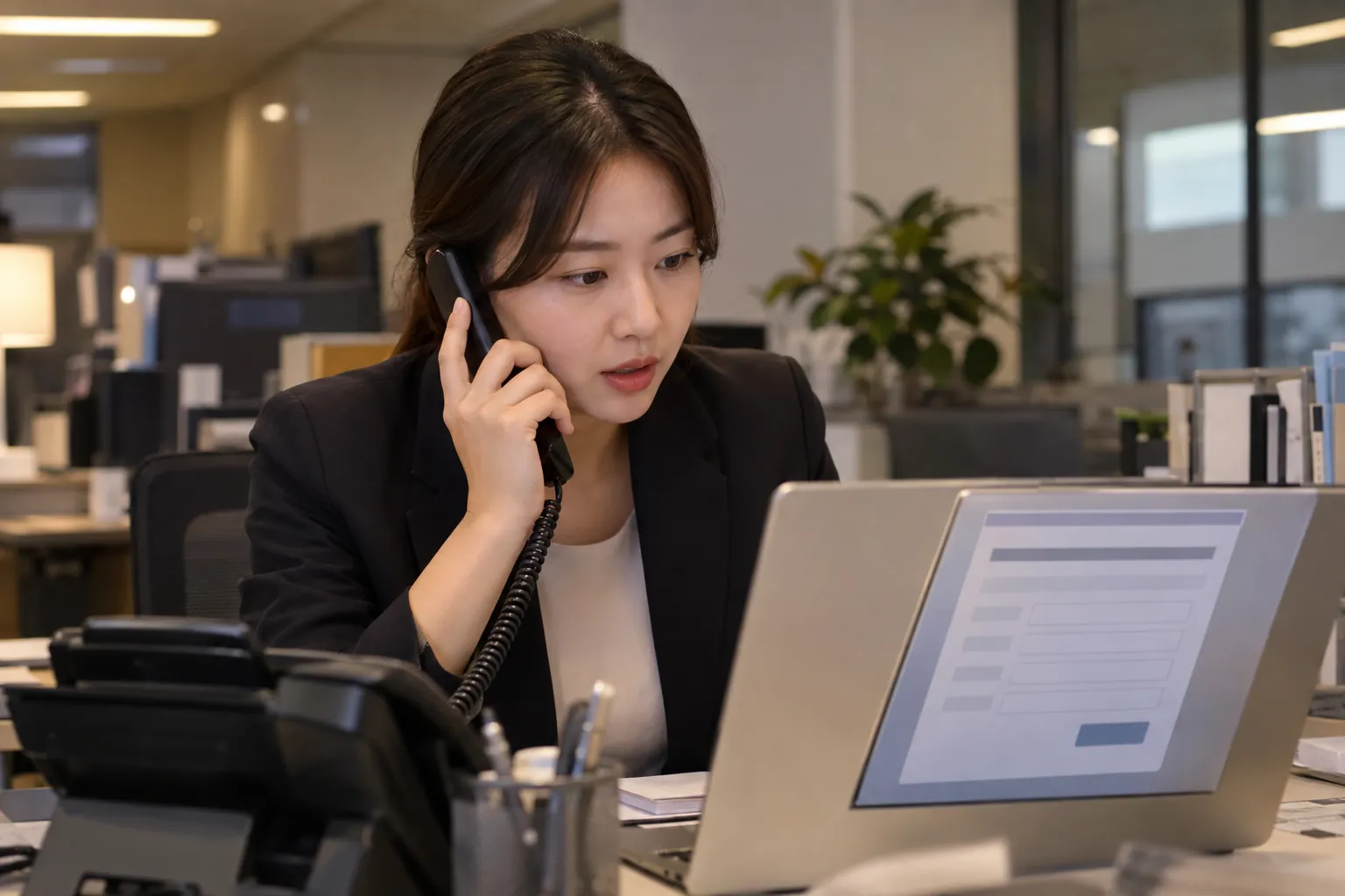 문의 양식을 보며 전화 상담을 진행하는 담당자